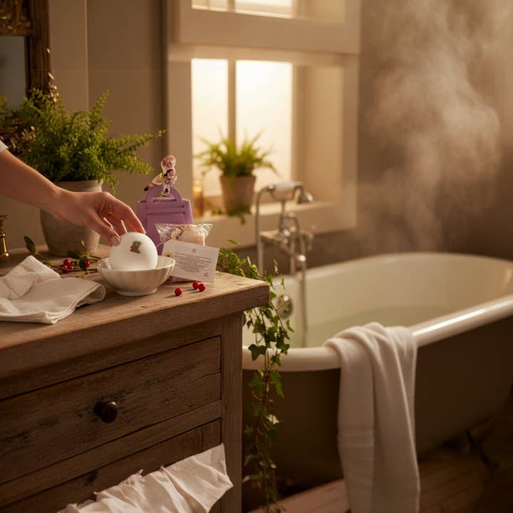 The Stuff I Love - Wholesale Bath & Body Set - Mistleberry Bath Bomb and Soap in a Lilac Fabric Handbag Gift Bag, Chic Ladies Gift0