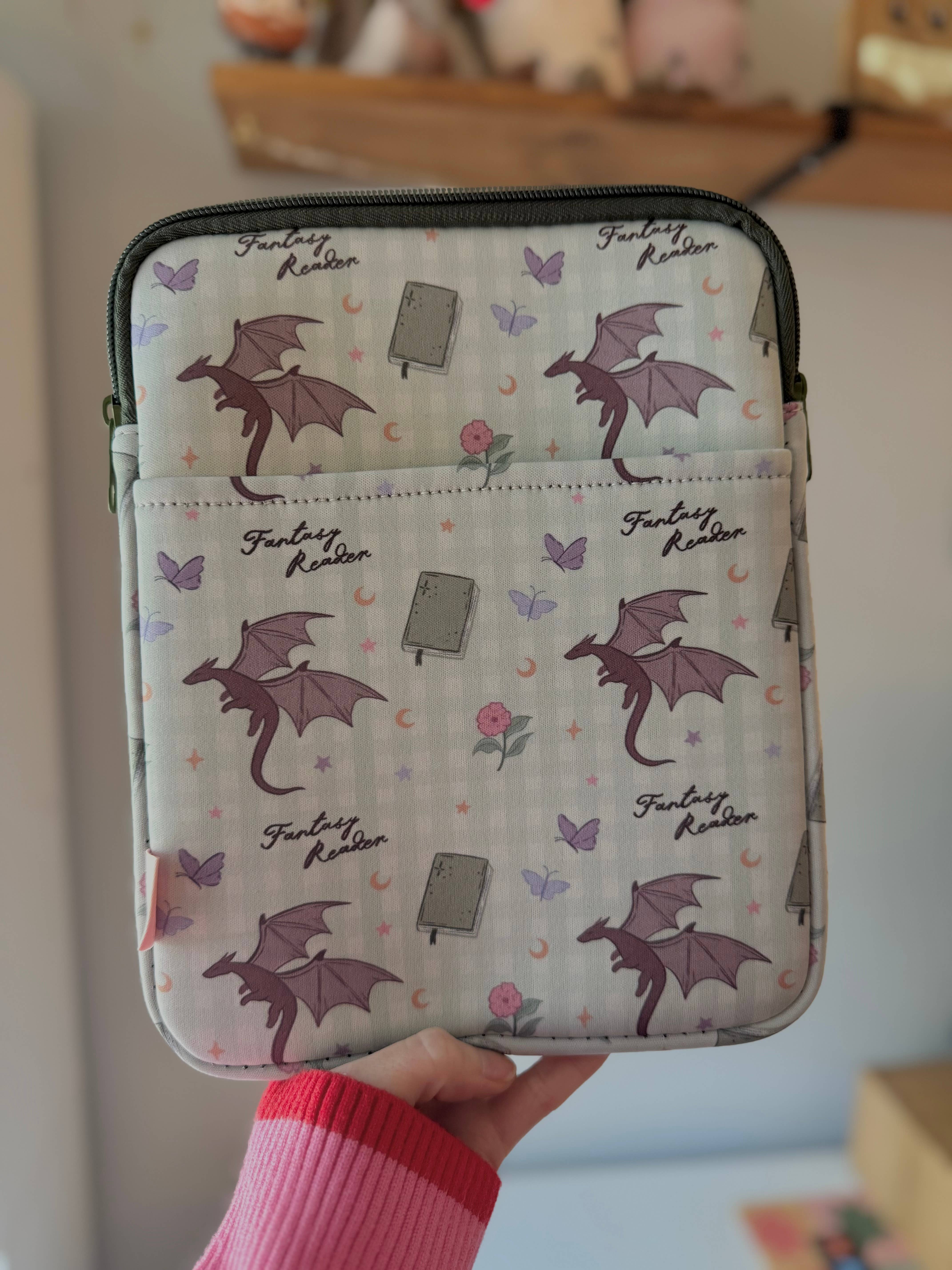 CrescentCatCo - Wholesale Pouch - Women's - Fantasy Reader Gingham Dragon Book & Kindle Sleeve Pouch 2