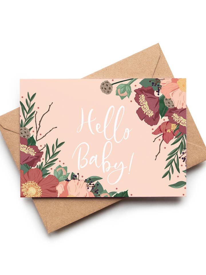 Hello Baby! Pink New Arrival Floral Baby Girl Card for wholesale by Wildwood Paper
