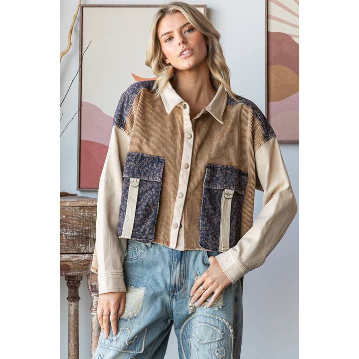 WASHED COLORBLOCK BIG POCKETS CORDUROY JACKET for wholesale by Oli&Hali