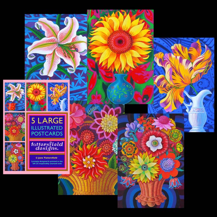 Postcards set. 'Flowers' 5 Large illustrated cards for wholesale by Tattersfield Designs