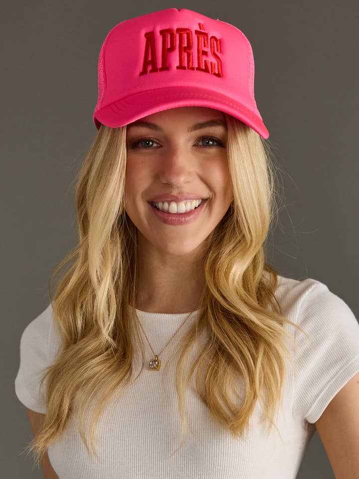 Pink Apres Trucker Hat for wholesale by Panache Apparel Co.