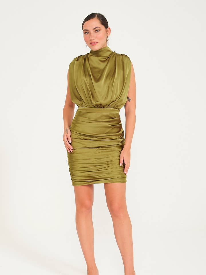 Draped Collar Short Satin Evening Dress, Prom Dress for wholesale by fashionbyoz