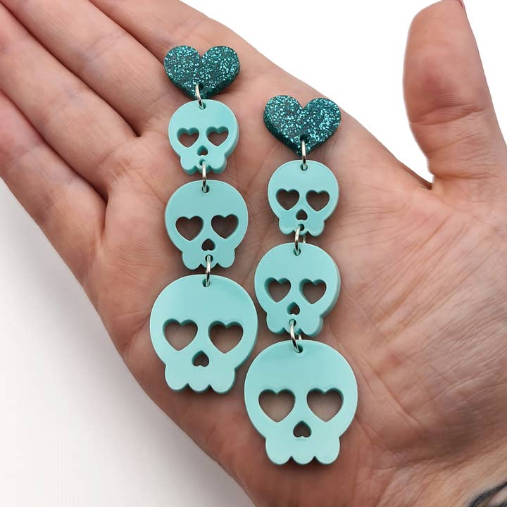 Teal Blue Skully Trio Pastel Acrylic Post Earrings for wholesale by Stars & Red Roses
