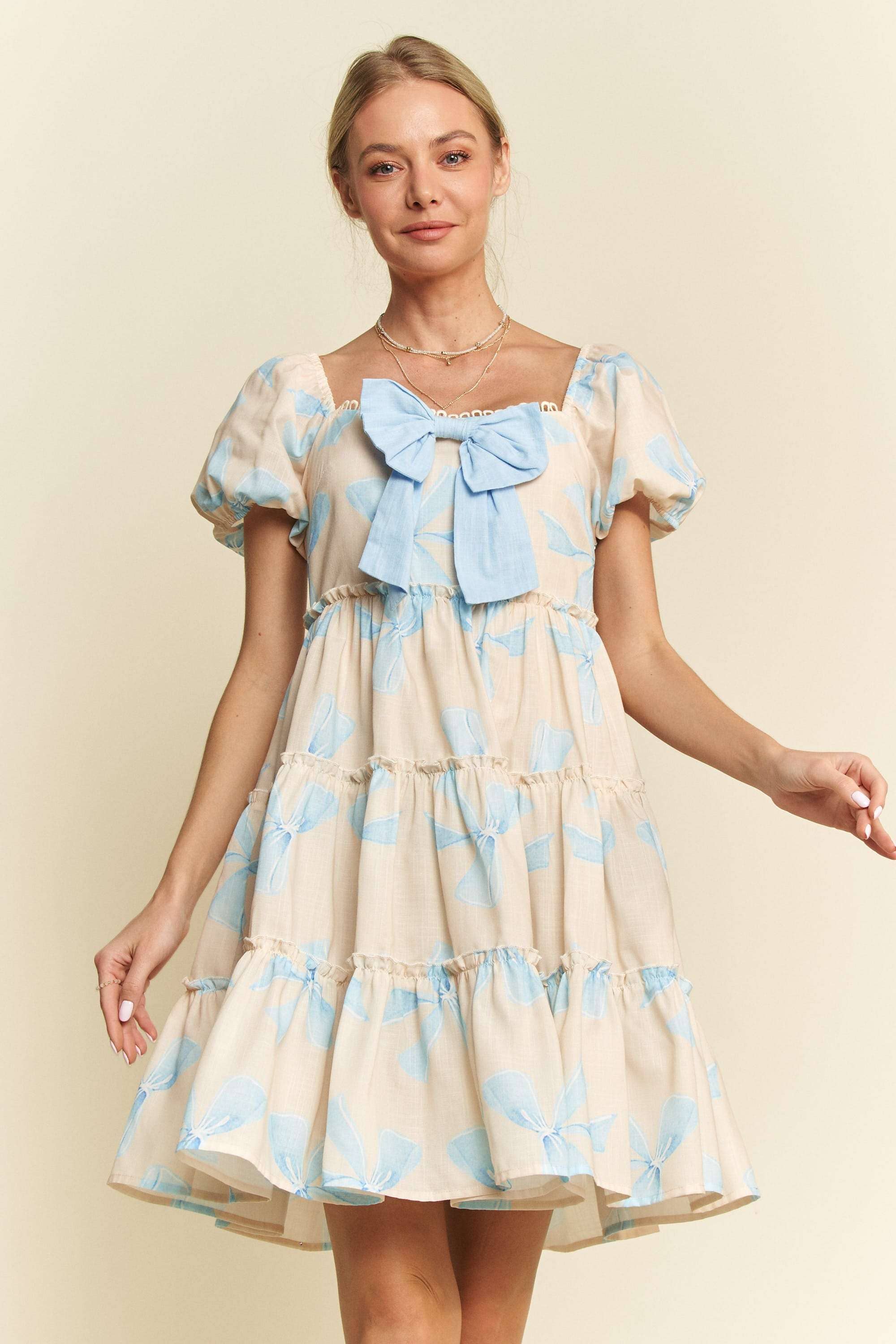 Davi & Dani - Wholesale Dress - Women's - BOW PRINTED PUFF SMOCKING BACK TIERED DRESS5