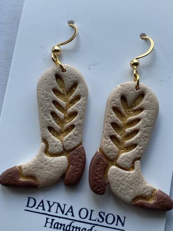 Boot Earrings, Brown And Gold, Cowgirl, Polymer Clay Jewelry for wholesale by Dayna Olson Handmade