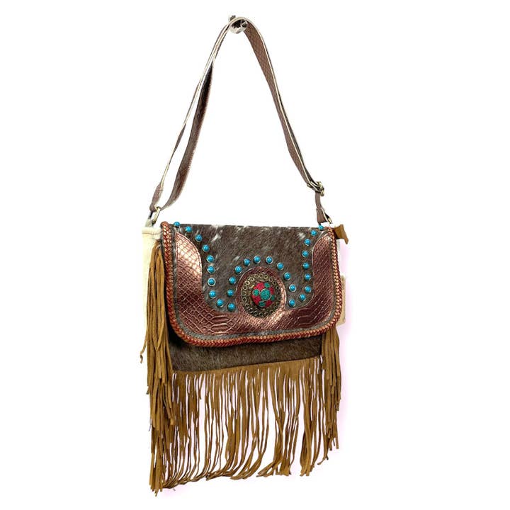 Multicolour Handmade Indian Leather Shoulder Bag with Decorative Fringes for wholesale on Faire1