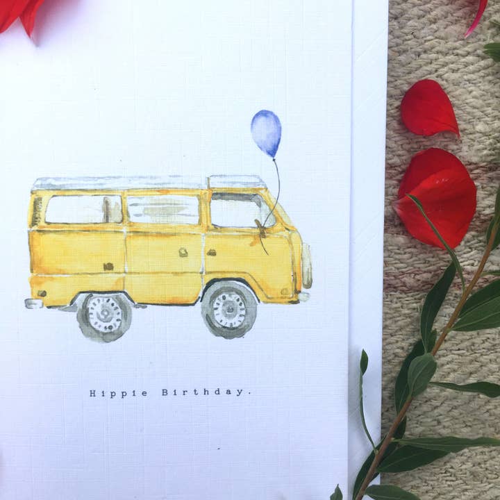 feather.ink - Venta al por mayor Tarjetas de cumpleaños - Tarjeta de cumpleaños de estilo hippie, tamaño A6, autocaravana, furgoneta hippie.