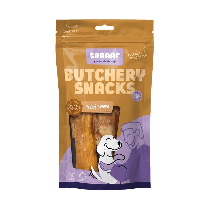 Braaaf Butchery Snacks Tendones de Res 150 g para venta al por mayor de Hofman Animal Care