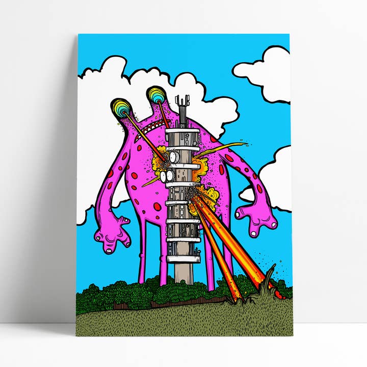 Purdown Tower Vs Alien Print - Monumento de Bristol - Impresión para venta al por mayor de Dixon Does Doodles