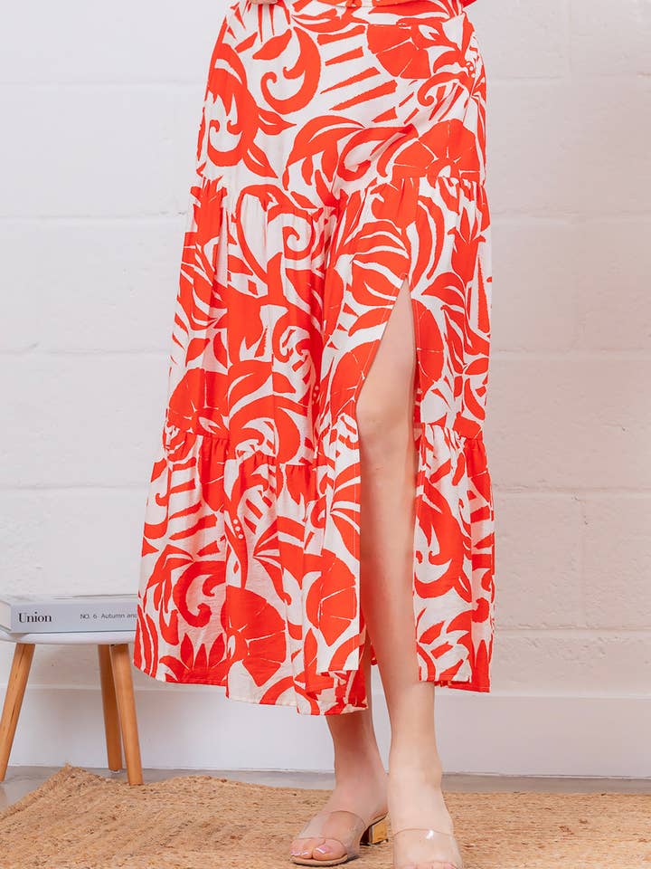 SS90050T-2-crinkle gauze Rok met tropische bladprint voor wholesale door Taelynn