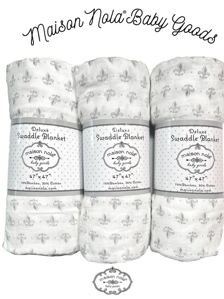 Louisiana Fleur de Lis grey muslin swaddle for wholesale by Maison Nola Baby