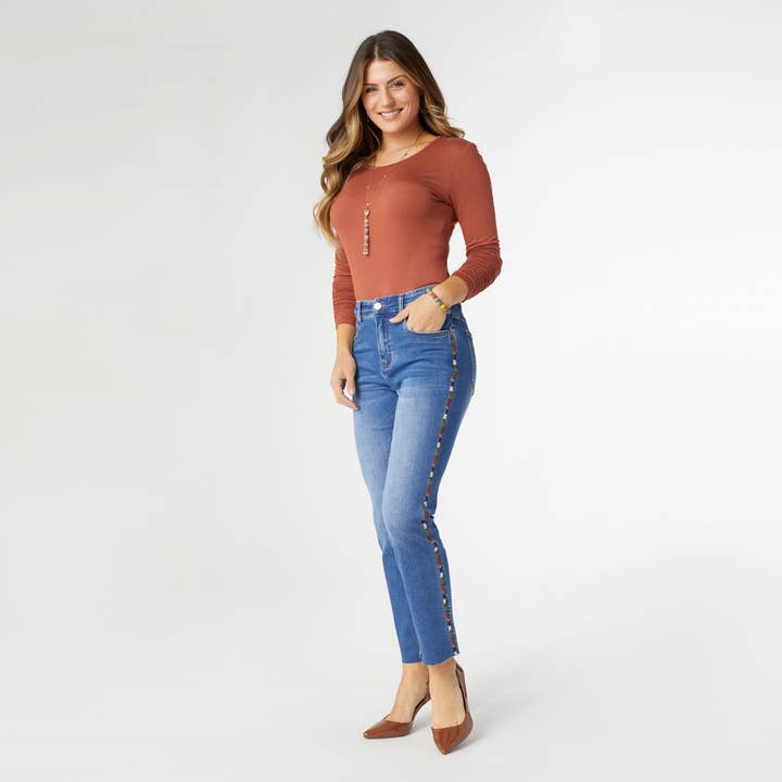Medium Denim EverStretch Straight Ankle with Multi Colored Stripe for wholesale on Faire