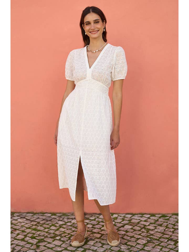 Yumi White Broderie Anglaise Midi Dress With Split Hemline for wholesale on Faire