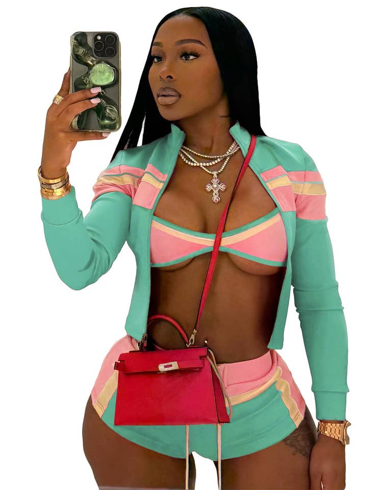 MB Fashion Wholesale - Wholesale Top & Short Set (NOT Loungewear) - Women's - MB FASHION Three-Piece Zip-Up Jacket, Crop Top, and Lace-Up Shorts Set 5029LY5