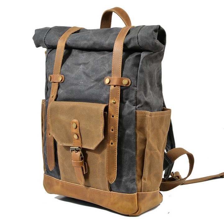 RockCow Leather Studio - Wholesale Backpack - Unisex - Wax Canvas With Full Grain Leather Travel Backpack Waterproof Waxed Canvas Laptop Rucksack Canvas Outdoor Backpack11