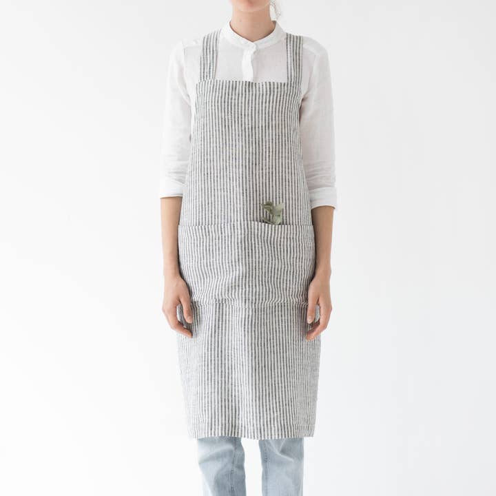 Linen Tales - Wholesale Apron - Thin Black Stripes Linen Japanese Crossback Apron