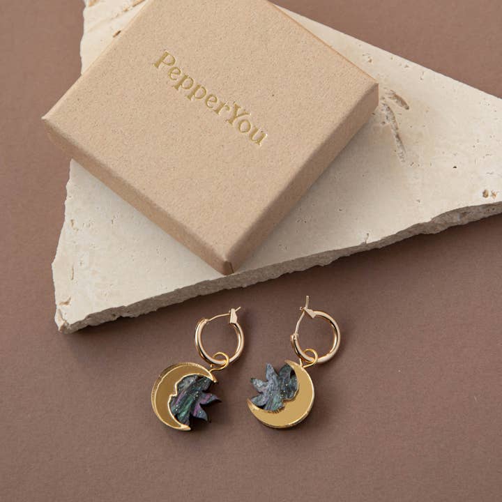 Pepper You - Wholesale Hoop Earrings - Daydream Sun & Moon Hoop Earrings in Smoke Marble & Gold1