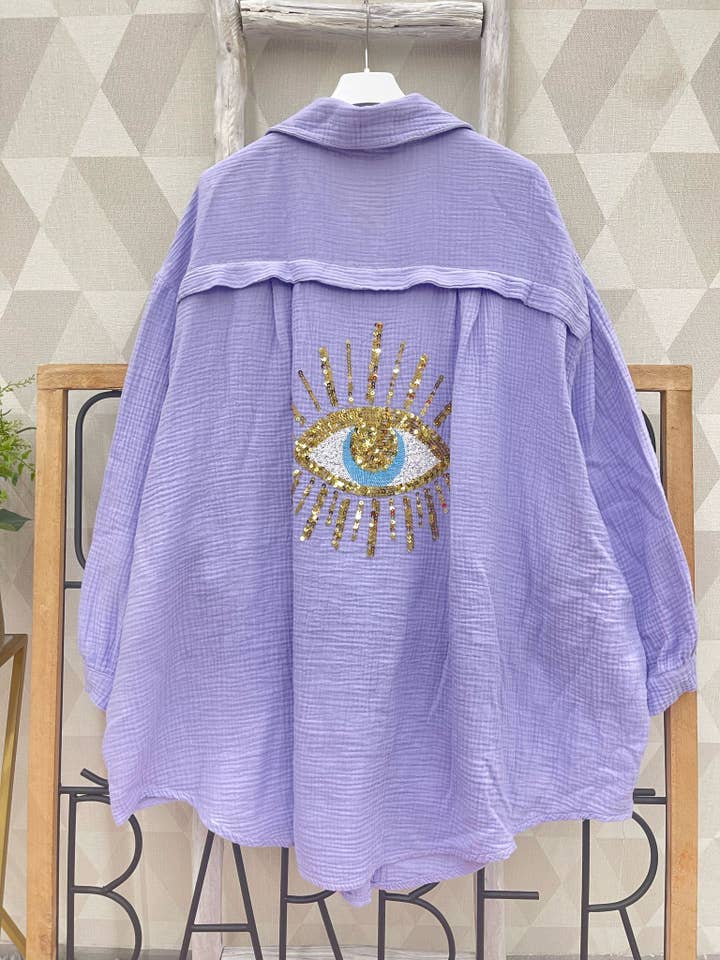 LOOWIE - Wholesale Buttoned-down shirt – Women's - 230 Purple Oversized Evil Eye Gauze Cotton Shirt LOOWIE