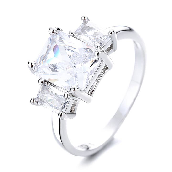 Sterling Silver Emerald Cut Engagement Ring with crystals for wholesale by Amy and Annette