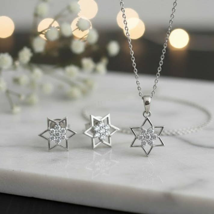 Star of Brilliance Set: Natural Moissanite Star Pendant & Stud Earrings for wholesale by Princejewelshub