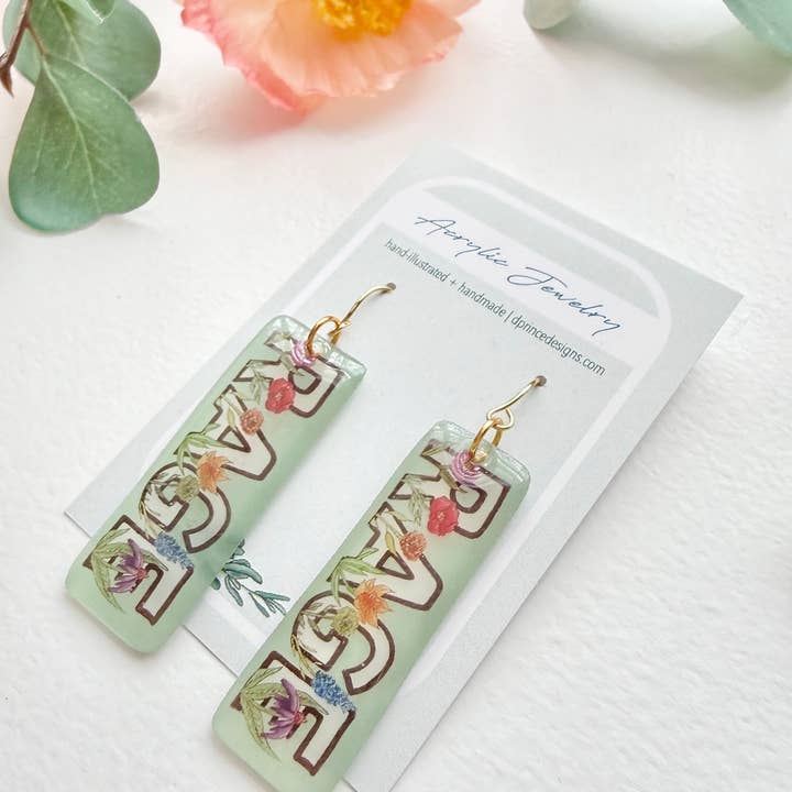 Hand-Illustrated Rage with Rainbow Flowers | Handmade Acrylic + Resin Dangle Earrings for wholesale by D. Prince Designs