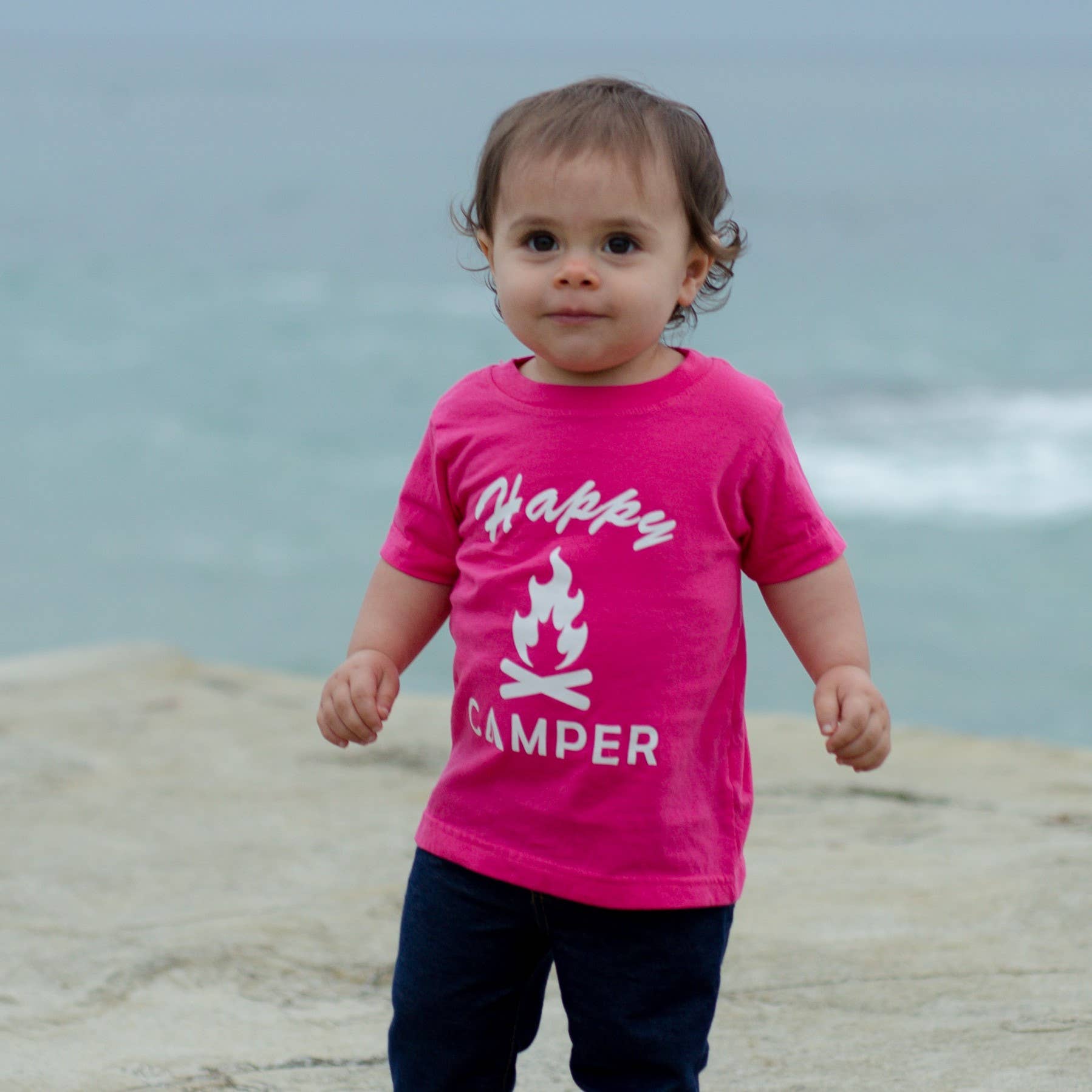 Outdoorable Apparel - Wholesale Screen Printed T-Shirt - Kids - Pink with White Happy Camper Toddler Shirt1