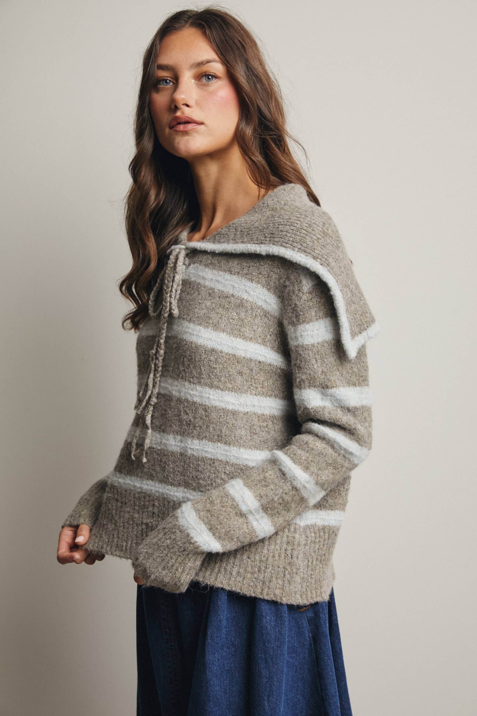 Forte - Vendita all'ingrosso Maglione tricot - Donna - Maglione a Maglia con Colletto da Marinaio a Righe FSW001228