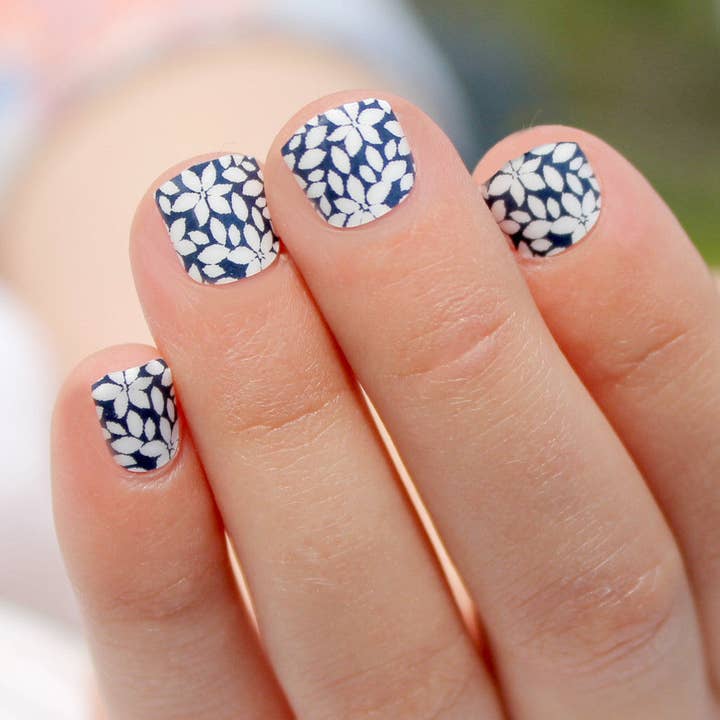 Navy Flower Kids Nail Wraps for wholesale by So Gloss