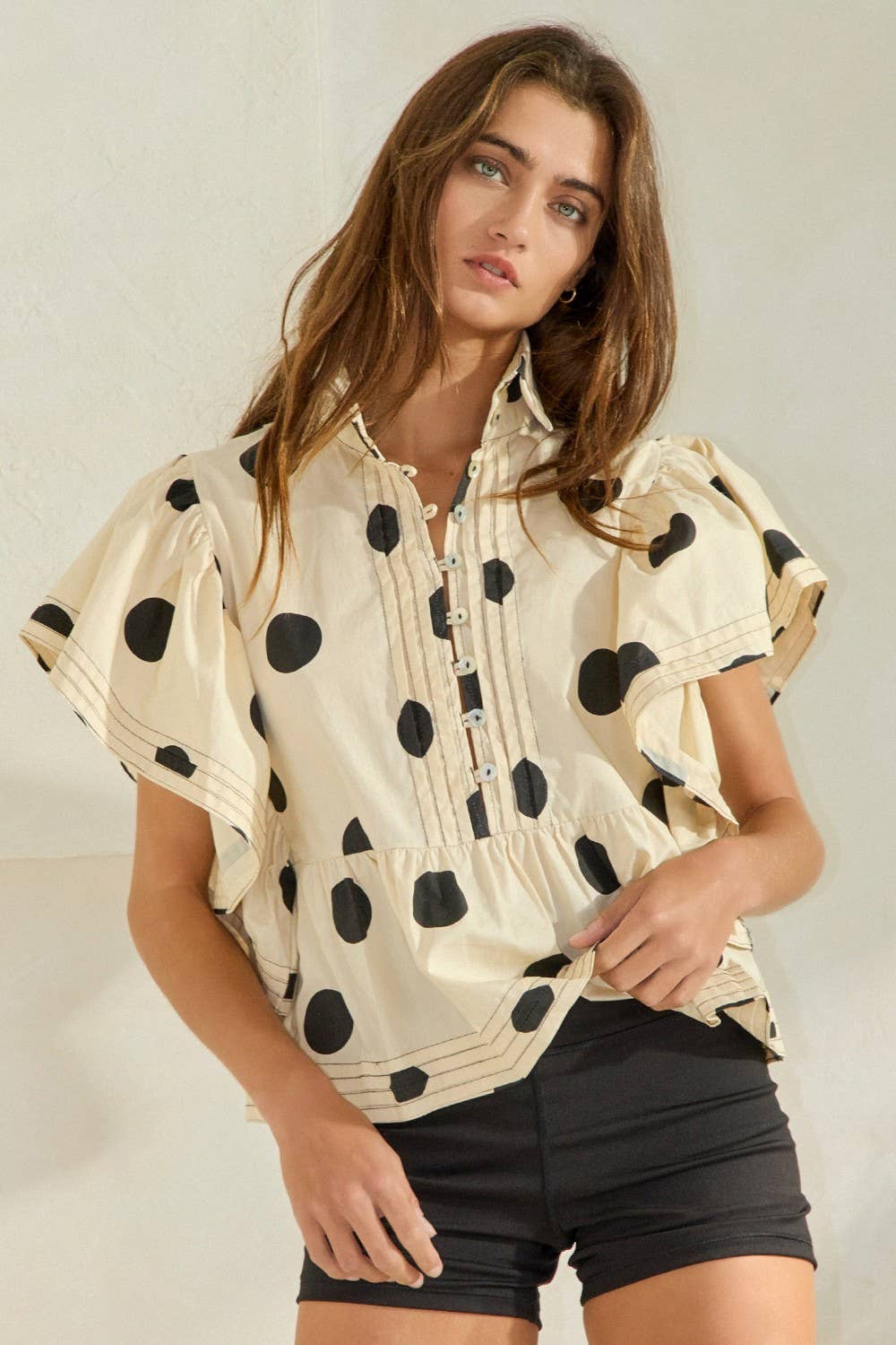 BUCKETLIST INC - Wholesale Blouse - Women's - IT2337 Ruffle Sleeves Pintuck Detail Polka Dot Print top18
