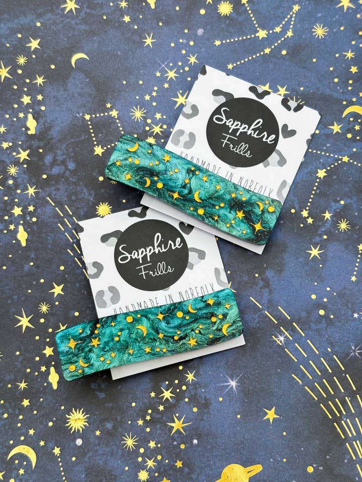 Green & Black Starry Night Sky Rectangle Wave Hair Clip for wholesale by Sapphire Frills Ltd