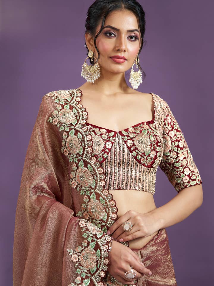 HATKE BRIDE - Wholesale Blouse - Women's - Rose Gold Banarasi Crush Silk Saree With Stitched Blouse For Indian & Pakistani Wedding Festival - Sequence Embroidery Work, Moti Work1