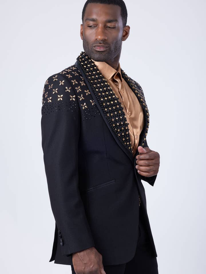 BARABAS - Wholesale Blazer - Men's - Men's Floral Rhinestone Shawl Lapel Blazer 4EBL4615