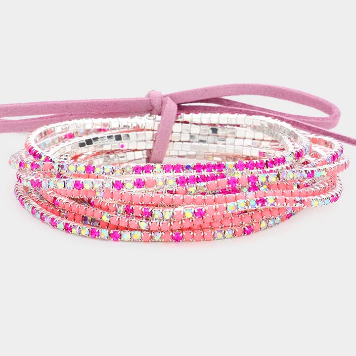 Sensibling Corp. - Wholesale Tennis Bracelet - 12PCS - Ribbon Colorful Rhinestone Layered Stretch Bracelets