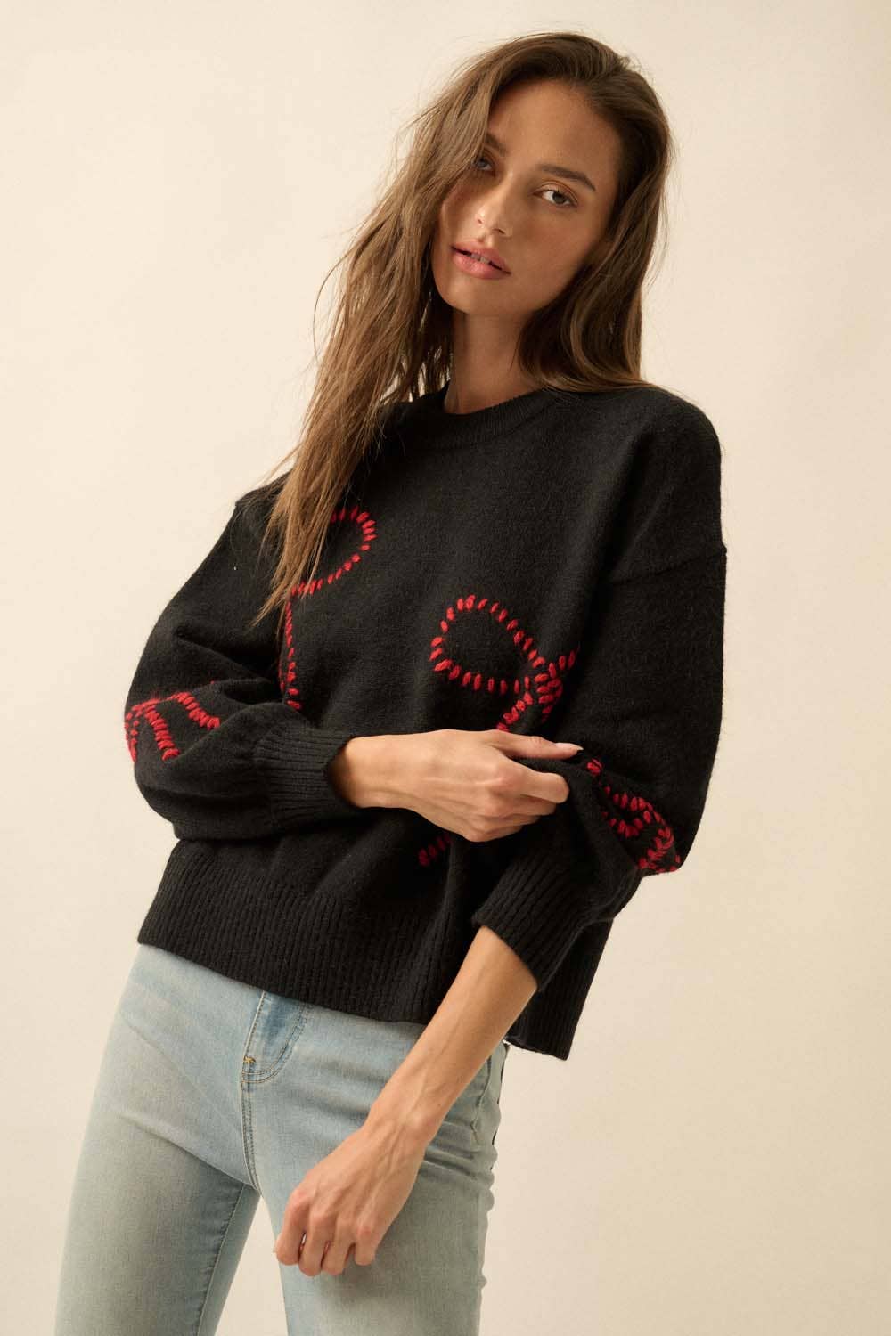 Promesa USA - Wholesale Knit Sweater - Women's - Solid Bow-Embroidered Bubble-Sleeve Sweater10