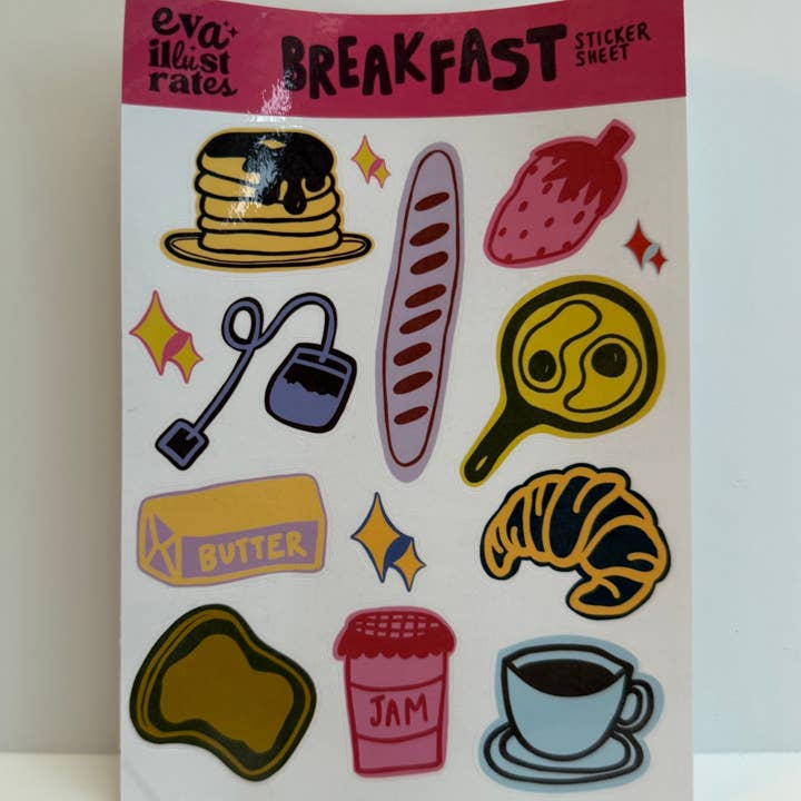 Breakfast Themed Sticker Sheet for wholesale by Eva Illustrates