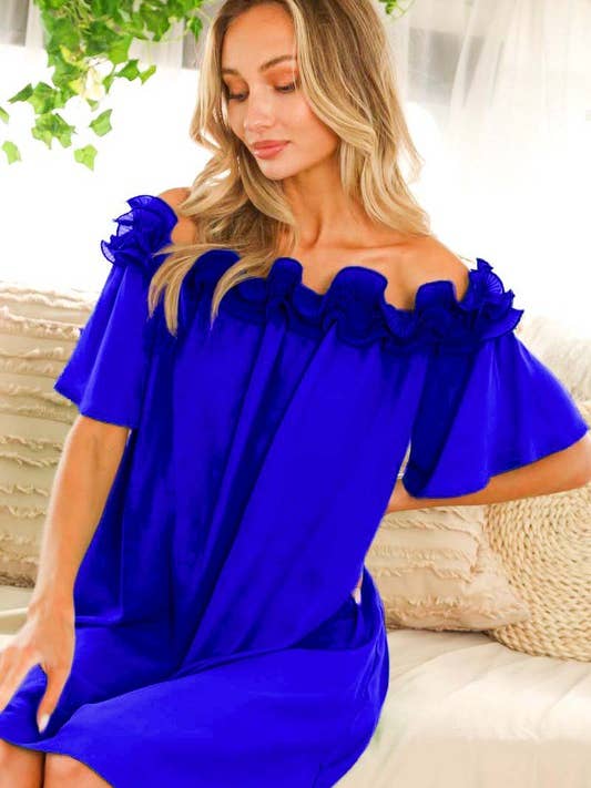Off Shoulder Short Sleeve Ruffle Detail Mini Dress VD81163 for wholesale by Vine & Love