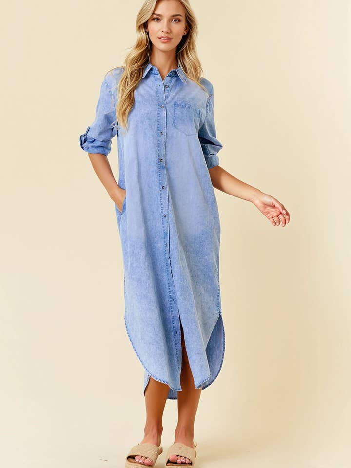 ROLL TAB 3/4 SLEEVE TENCEL DENIM SHIRT MIDI DRESS - 27638D for wholesale by Doe and Rae