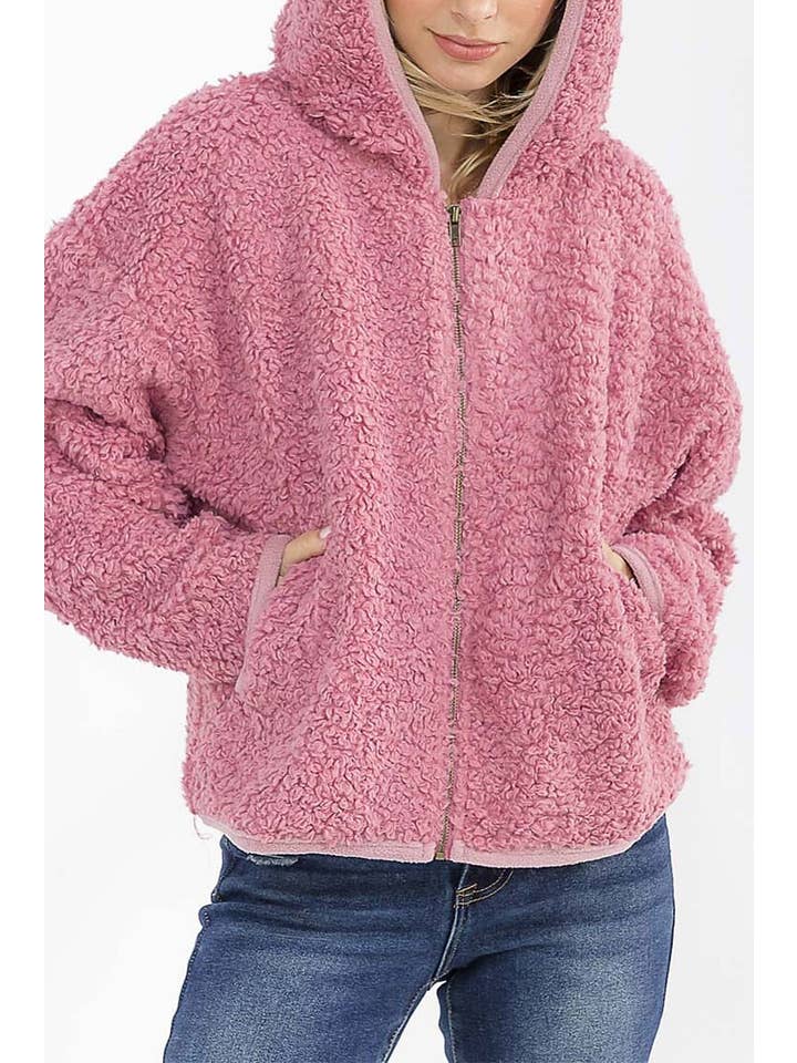 ROUSSEAU - Wholesale Jacket - Women's - SOLID SHERPA HOODED ZIP UP POCKET FRONT JACKET16