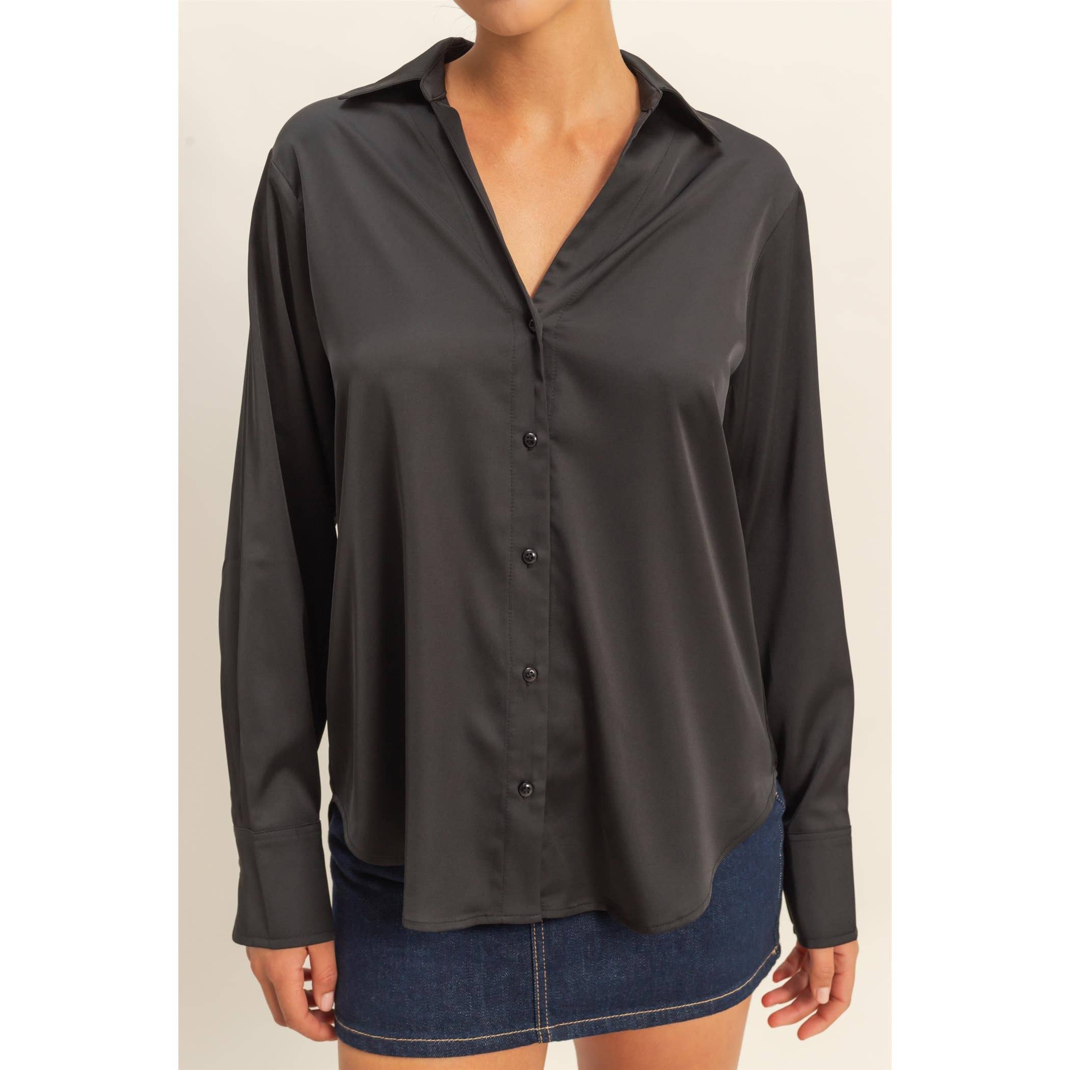 Double Zero - Wholesale Blouse - Women's - Button-Up Satin Shirt With Collared Neckline22