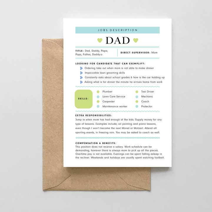 Dad: Job Description Card for wholesale by Spaghetti & Meatballs