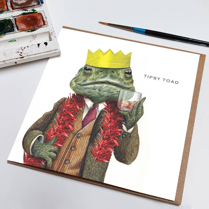 Funny Christmas Card for him - Tipsy Toad for wholesale by Rebecca Christian