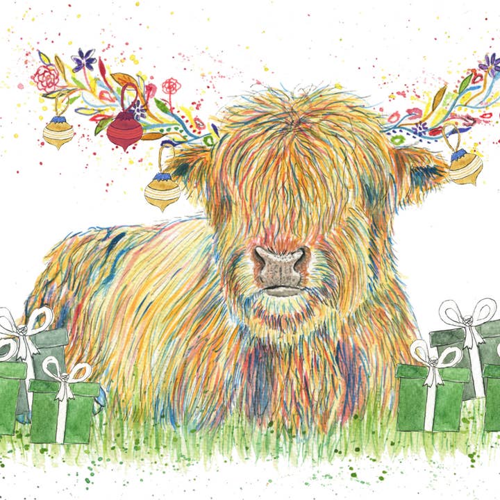 Carte de Noël écologique Highland Cow, blanche colorée pour la vente par Jen Winnett Eco Artist