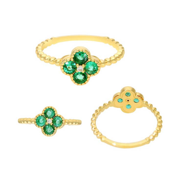 Diamond Emerald Clover Style Flower Ring - 7 for wholesale by Jewels of Mewar