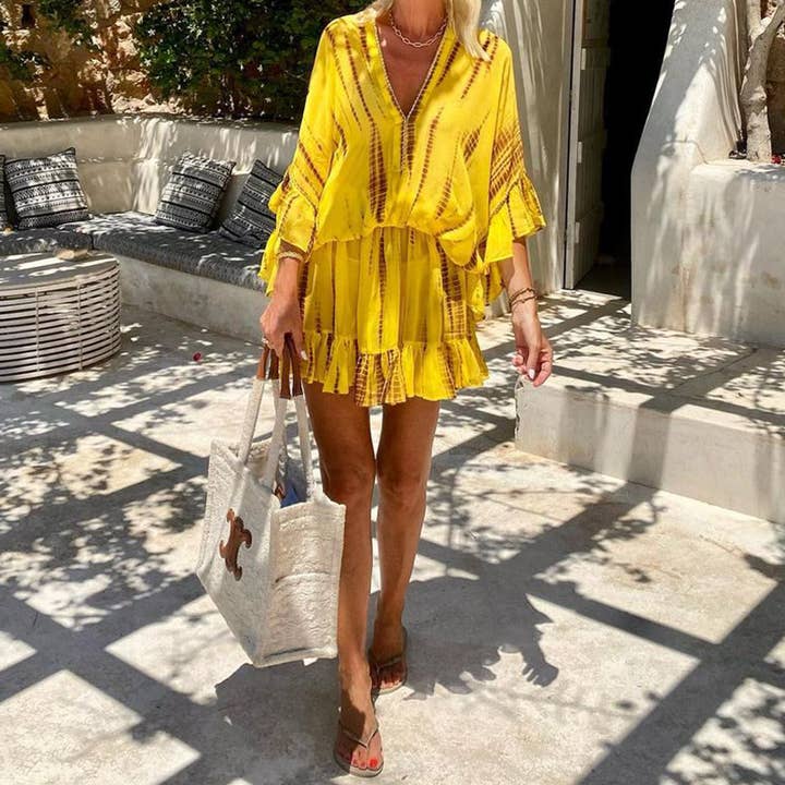Yellow LEOPARD PRINT HALTER SLEEVELESS LONG DRESS for wholesale on Faire