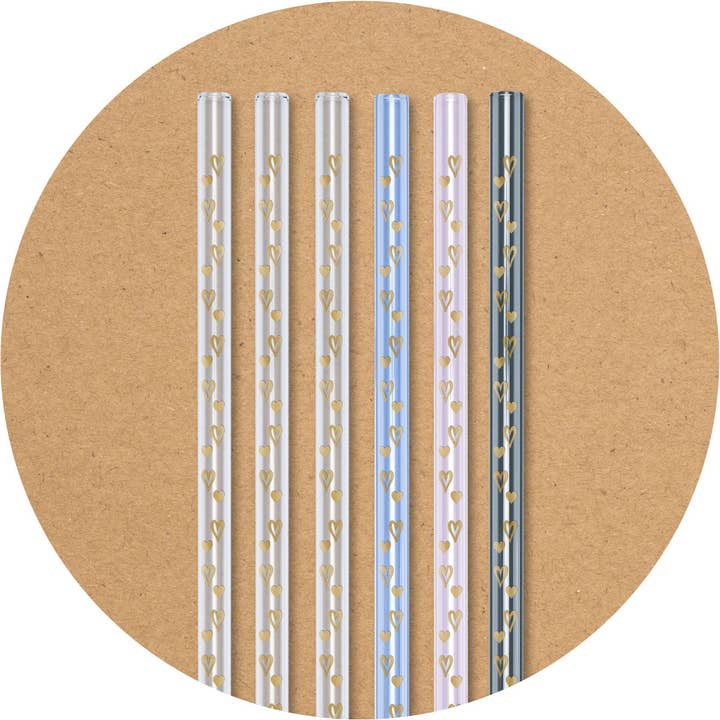 6 farverige (pink, lavendel, grå, klare) glas-sugerør med hjerteprint (20 cm) for engroshandel hos Glastrinkhalme by OPTITHERM