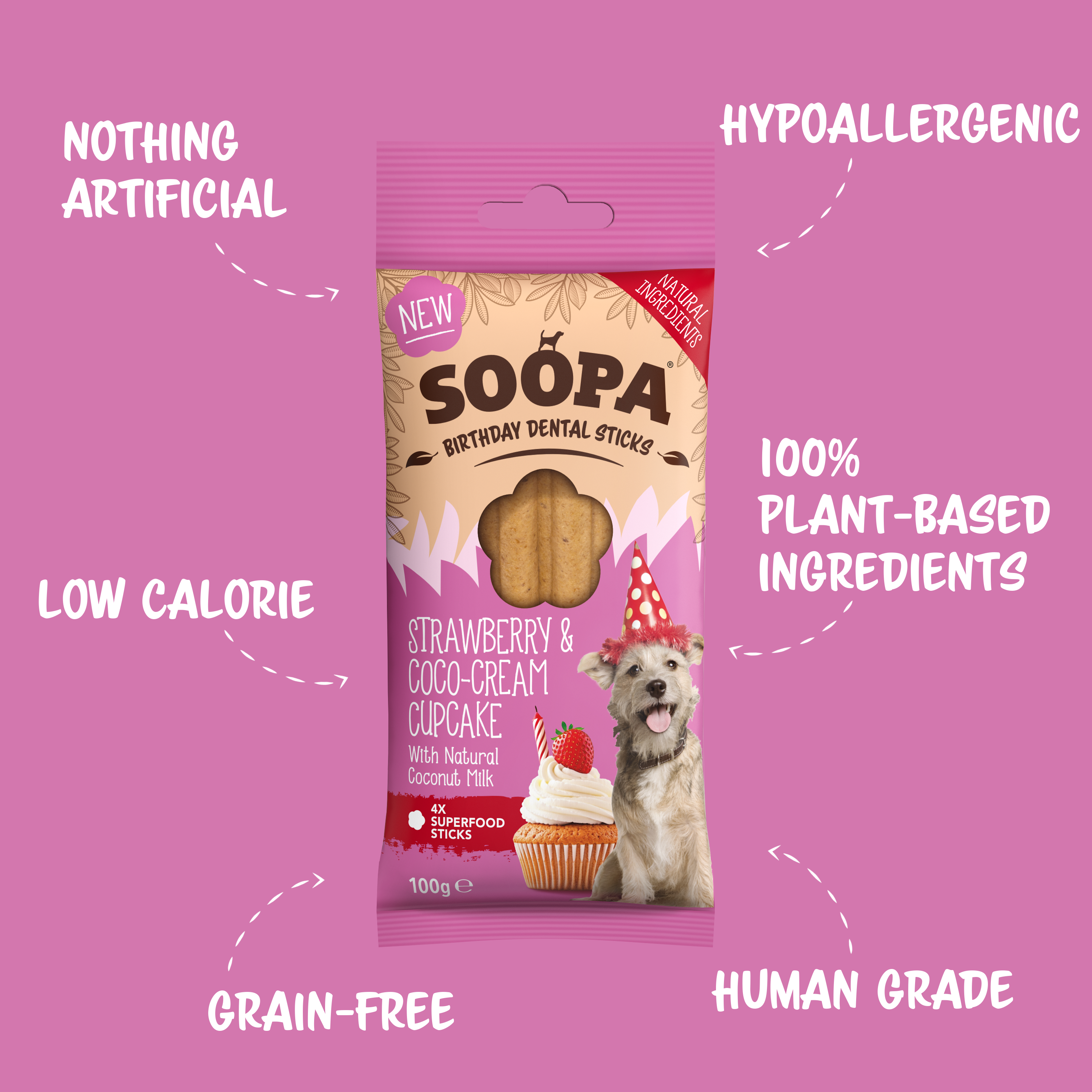Soopa UK - Wholesale Pet Treats - Dog - Strawberry & Coco-Cream Cupcake Dog Dental Sticks 0