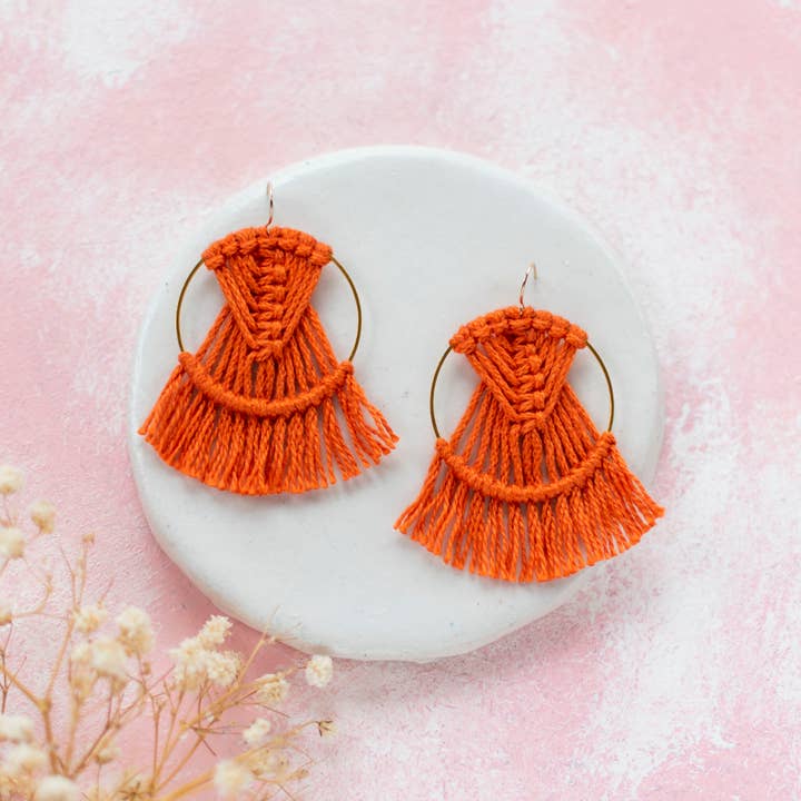 DREAM CATCHER ORANGE EARRINGS, MACRAME EARRINGS for wholesale by Prachi's Bohemian Art