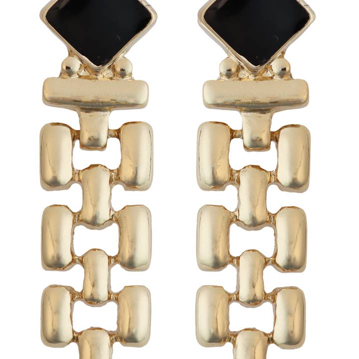 Black Enamel Square with Gold Geometric Drop 2" Earring for wholesale by What's Hot