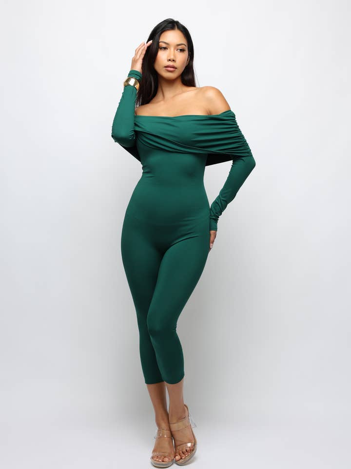 Off shoulder long sleeve capri jumpsuit for wholesale by K Too